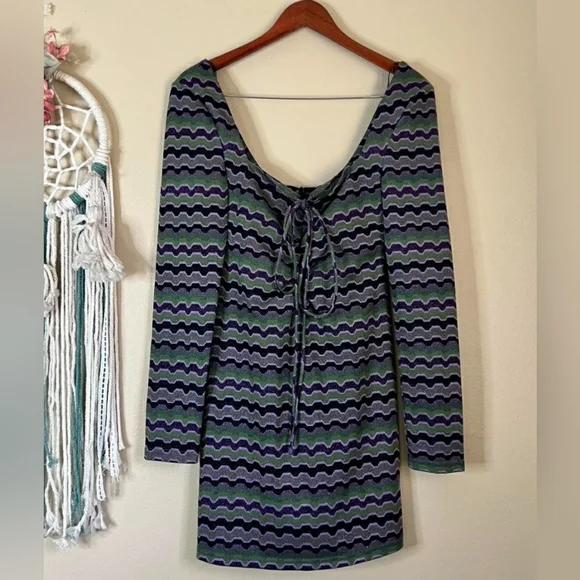 NWT Zara Purple Green Metallic Zig Zag Knit Keyhole Retro Mini Dress Size S - Picture 2 of 10